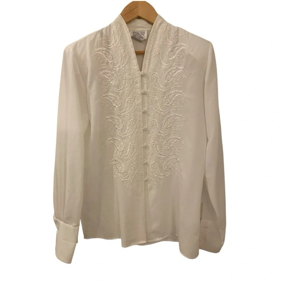 Tess Vintage White Embroidered Long Sleeve Blouse Size Small Button Down 1980s - Picture 5 of 6